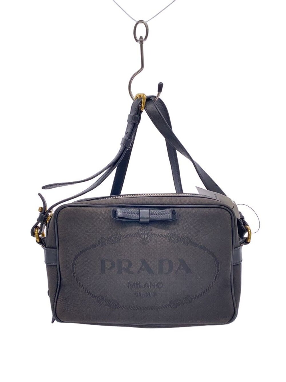 Prada dark brown canvas Logo Jacquard Camera Bag logo